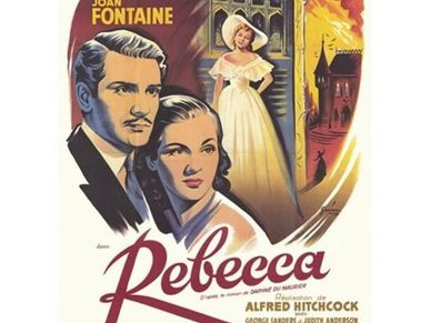 Vintage movie poster for Alfred Hitchcock's Rebecca featuring main characters and gothic imagery.