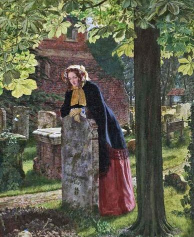 A woman in historical clothing mourns at a gravestone in a sunlit graveyard.