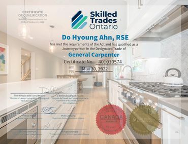 Red Seal Journeyman Certificate for Do Hyoung Ahn as a General Carpenter in Ontario.