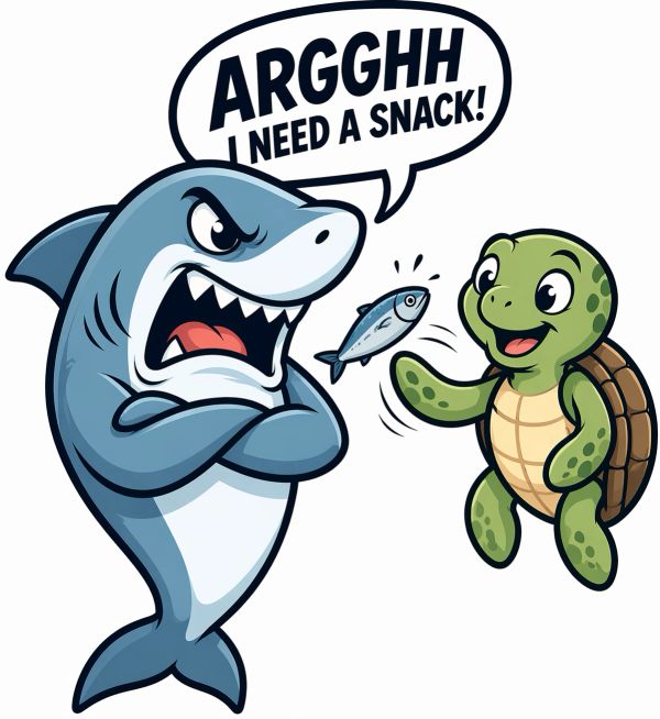 Angry shark demands a snack from a happy turtle holding a fish.