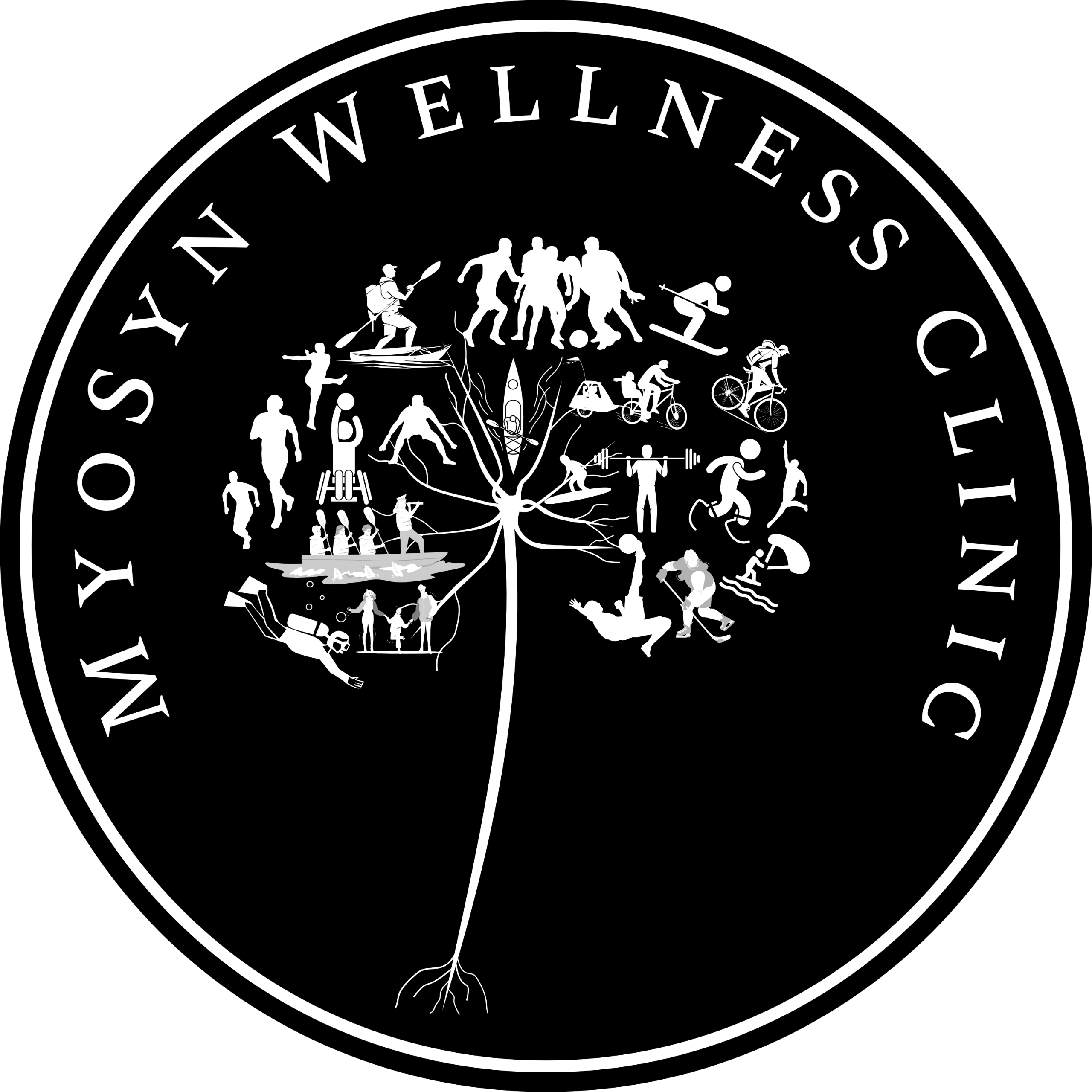Logo of Myosyn Wellness Clinic featuring diverse physical activities forming a tree shape.