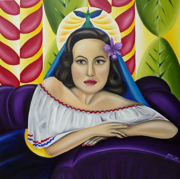 Gipsy Madonna. 24"x24", oil on canvas. SOLD. Woman sitting with hummingbird and purple orchid.