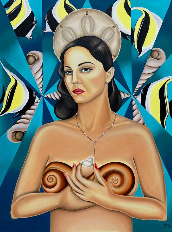 Woman with silver dollar halo and angel fish.