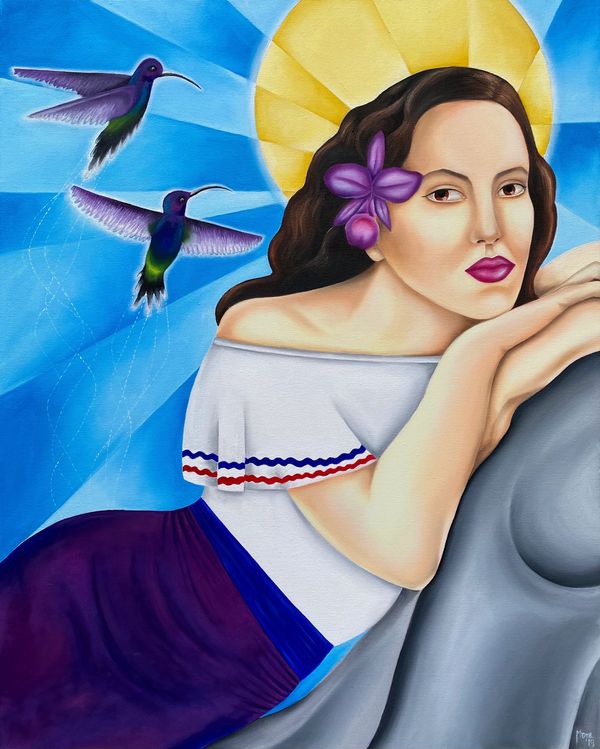 Woman with two purple hummingbirds and purple orchid.