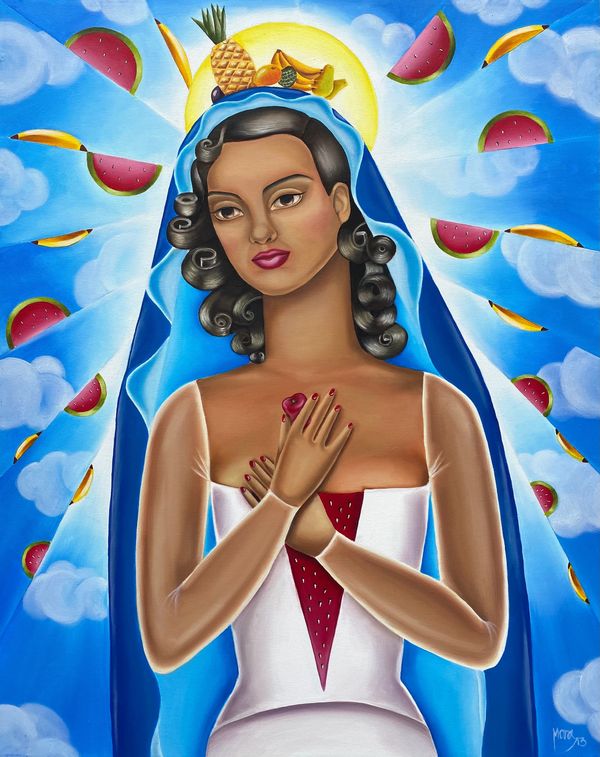 Woman surrounded by halo with fruits with blue sky and clouds.