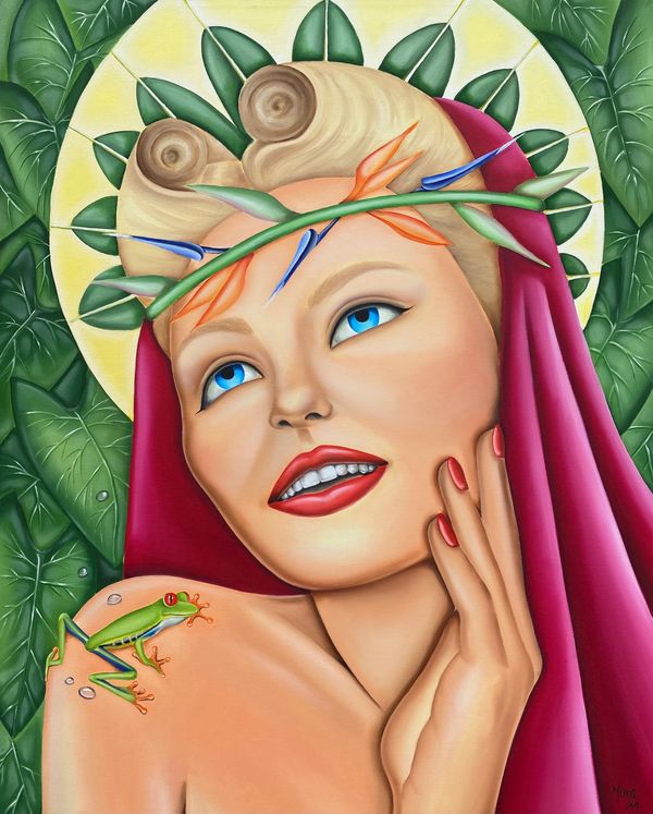 Woman with green frog and bird of paradise flower crown. 