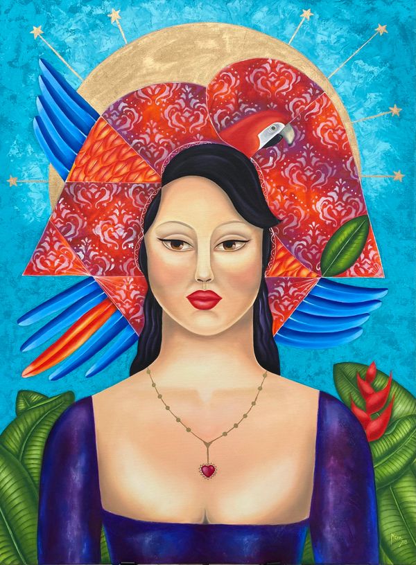 Woman with hat made of scarlet macaw figure and blue feathers.