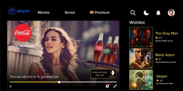Streaming platform IsMyTV with a Coca-Cola ad and movie wishlist.