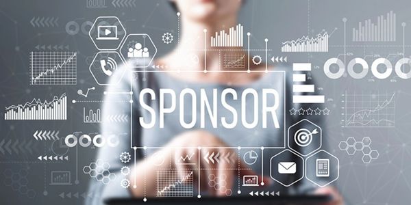 Person interacting with digital sponsor analytics and icons.