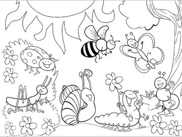 Can you spot all the different insects? Color the crawling, flying, and hopping bugs in this scene.