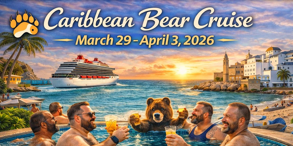 Caribbean Bear Cruise March 29–April 3, 2026 – gay bear cruise guests enjoying drinks at sea