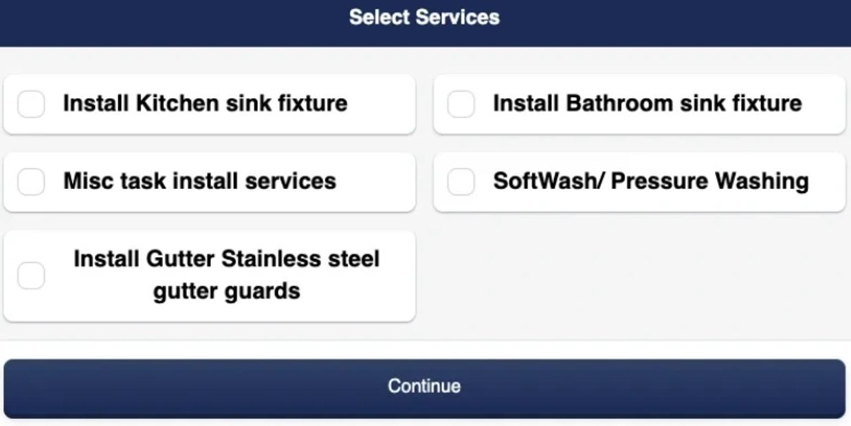 A service selection menu with options for sink installation, pressure washing, and gutter guard installation.