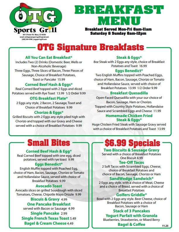 Breakfast menu — signature meals, small bites and $6.99 specials