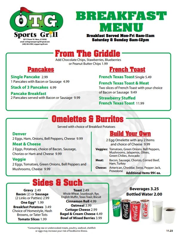 Breakfast menu — pancakes, French toast, omelettes, burritos, sides and beverages