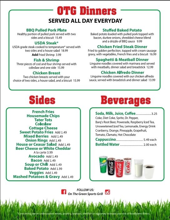 OTG dinners — entrees, sides and beverages served all day