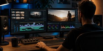 Pessoa editando vídeo em dois monitores.