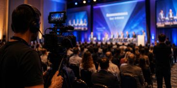 Câmera filmando palestra em conferência lotada.
