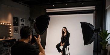 Fotógrafo captura modelo em estúdio.