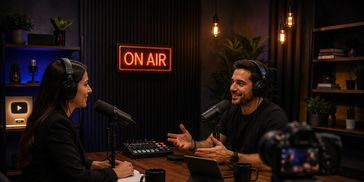 Duas pessoas gravando um podcast em estúdio com ambiente profissional.
