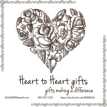 Heart-shaped floral design with contact info for Heart to Heart gifts.