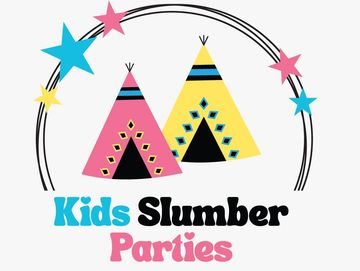 Colorful logo for Kids Slumber Parties with stars and teepees.