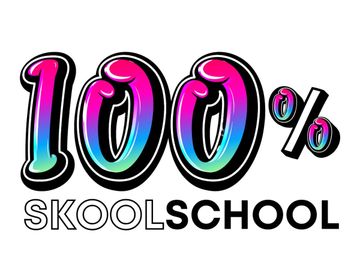 Colorful 100% Skool School logo with gradient text.