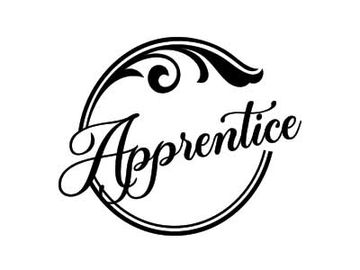 Elegant black and white logo reading 'Apprentice' with decorative swirls.