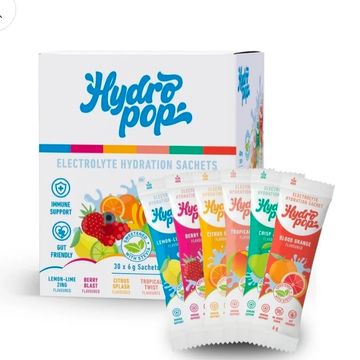 Hydro Pop electrolyte hydration sachets in assorted flavors for immune support and gut health.