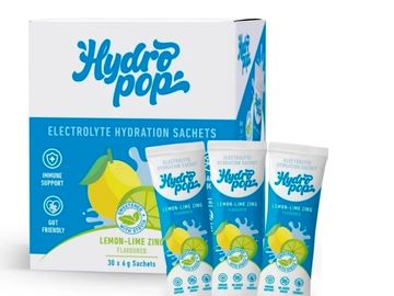 Hydropop electrolyte hydration sachets with lemon-lime zinc flavor.