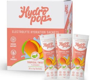 Hydropop Tropical Twist electrolyte hydration sachets with immune support and soy-friendly benefits.
