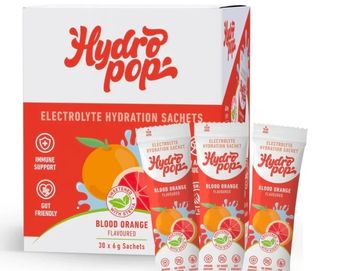 Hydropop blood orange electrolyte hydration sachets for immune support and gut health.