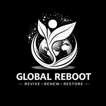 Logo with Earth, leaves, and text 'Global Reboot' symbolizing renewal and restoration.