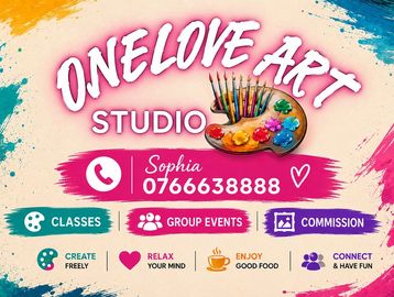 Colorful art studio ad with classes, events, and commissions.