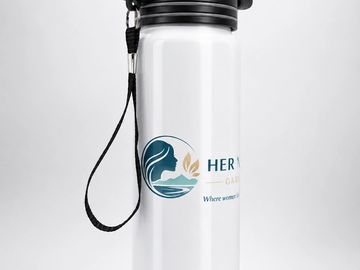 White water bottle with black lid and wrist strap on a plain background.