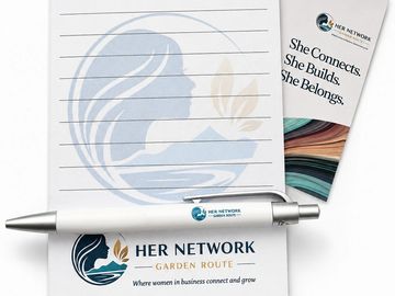 Stationery set featuring Her Network Garden Route branding with logo, pen, and booklet.