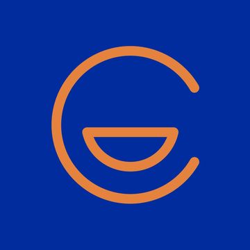 Orange circular logo on a blue background.