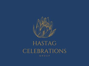 Elegant gold floral logo on navy background for Hastag Celebrations Group.