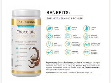 Motherkind Chocolate Collagen Latte with multiple health benefits and easy usage instructions.