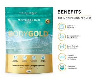 MOTHERKIND BODYGOLD collagen peptides for natural bodysculpting and toning.
