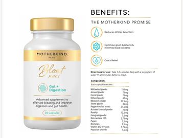 Bottle of Motherkind Bloat Away capsules for gut health and digestion relief.