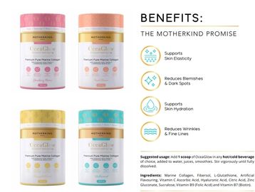 Motherkind OceaGlow marine collagen supports skin elasticity, hydration, and reduces blemishes, wrinkles, and fine lines.