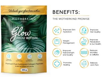 Motherkind Glow collagen peptides with multiple skin, hair, and health benefits.