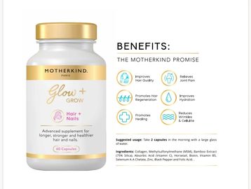 Motherkind Glow+ Grow supplement for healthier hair and nails with multiple benefits.