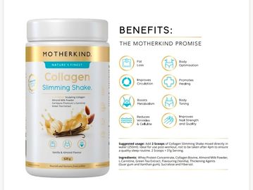 Motherkind Collagen Slimming Shake with multiple health benefits and vanilla almond flavor.