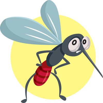 Cartoon mosquito with large eyes and a long proboscis against a yellow circle.