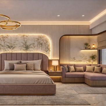 Modern bedroom with soft lighting, plush bed, and cozy corner sofa.