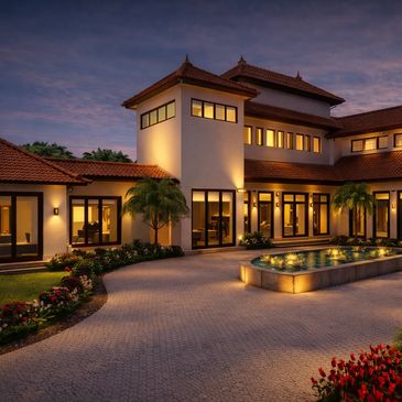 Luxurious villa at dusk with illuminated windows and a decorative pool.