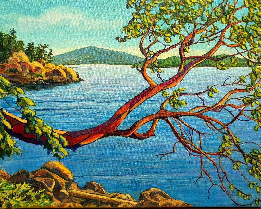 Colorful painting of a tree branch over a lake with hills in the background.