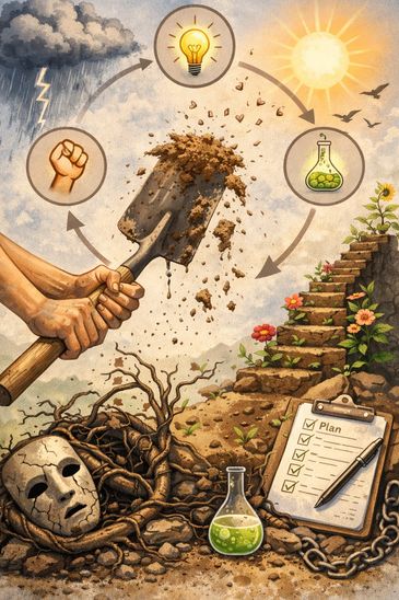 Hands digging soil, symbolizing growth and transformation from struggle to success.