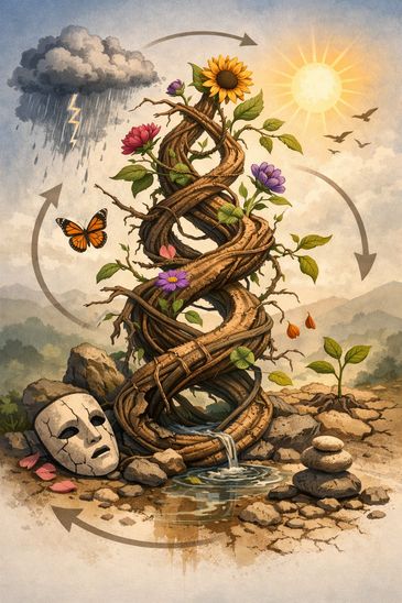 A twisted tree with flowers, a cracked mask, and arrows symbolizing a cycle of nature.